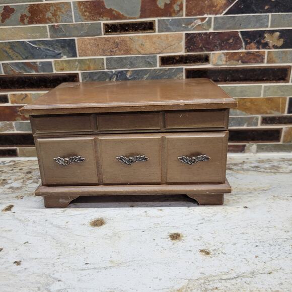 Vintage Wood Jewelry Chest, Smaller Red Fabric Inside, Mirror - Picture 1 of 7